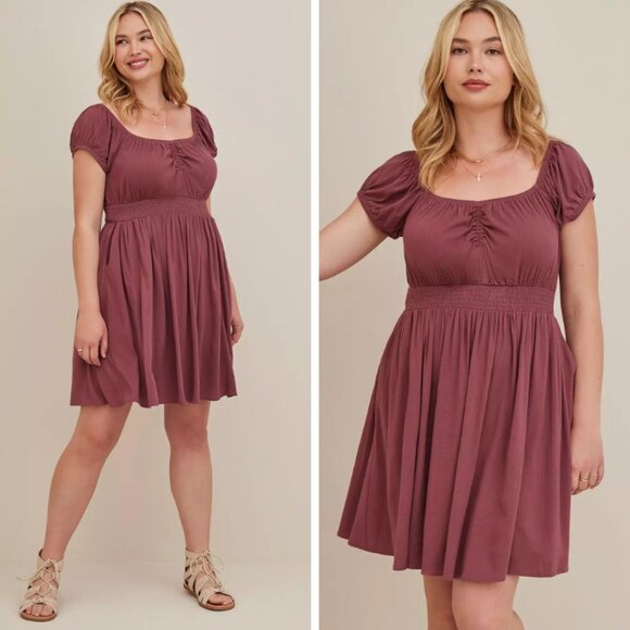 Torrid Mini Lenny Smocked Waist Dress in Wild Ginger Burgundy - Picture 1 of 12